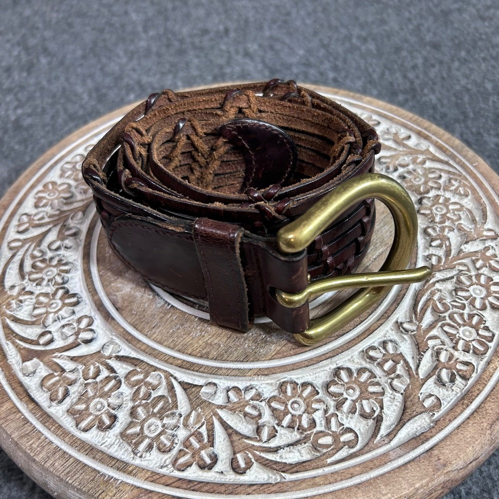 Fossil Brown Braided Leather Belt Brass Buckle Large